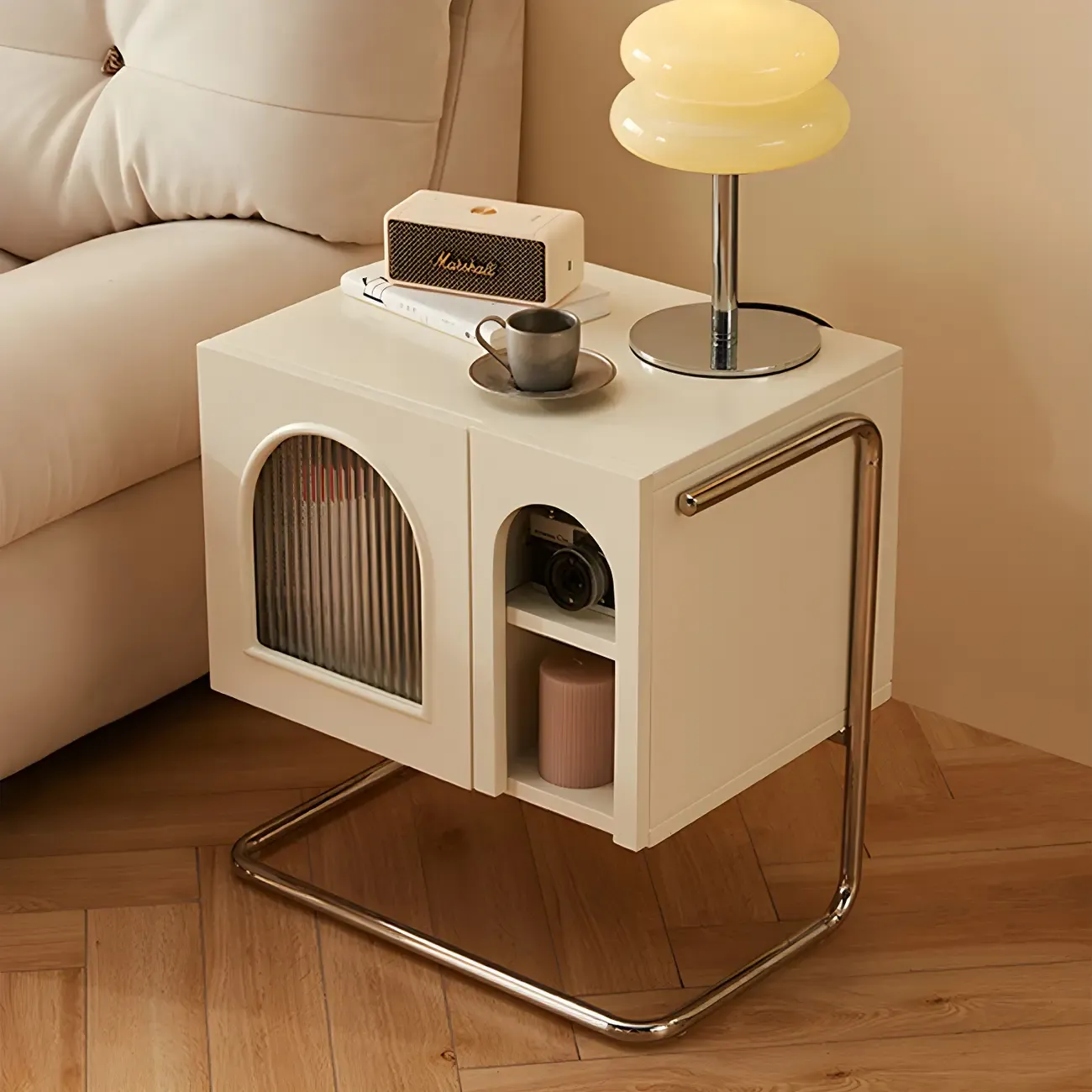 Narrow Cubic Wooden Black Nightstand in Steel Base