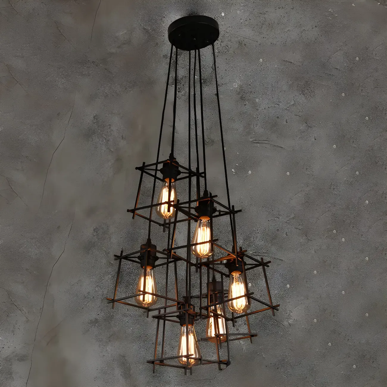 Large 10-Light Black Caged Industrial Pendant Chandelier
