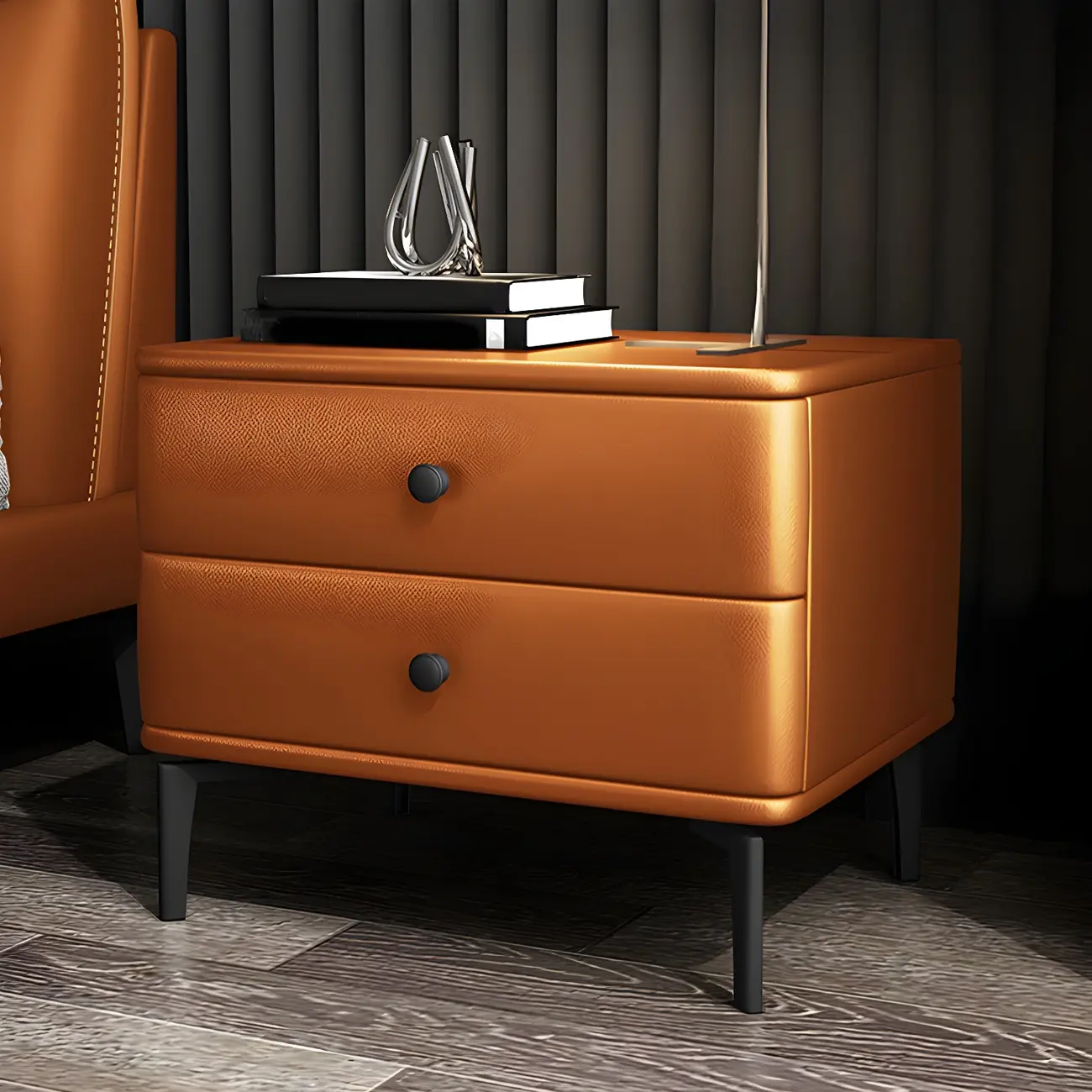 Modern Black Leather Bedside Table with Drawers
