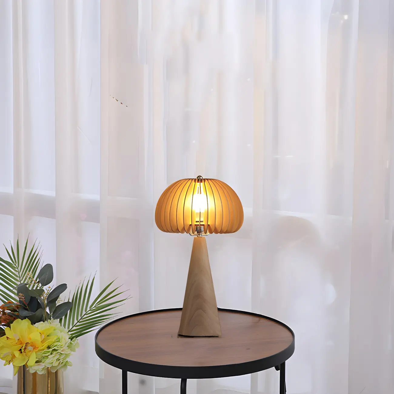 Art Deco Yellow Wooden Mushroom-Shaped LED Table Lamp