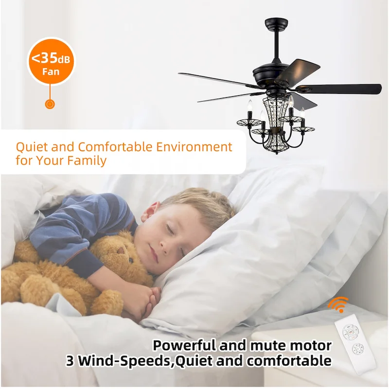 Cusp Barn 52in. Modern Industrial Crystal Ceiling Fan with Lights, Matte Black 3-Speed Reversible Ceiling Fan Light with Remote