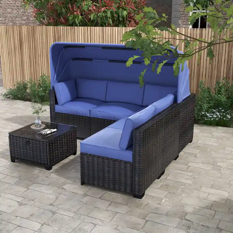 6 Piece Patio Furniture Set, Outdoor Sectional Sofa Set with Canopy and Backrest, Patio Conversation Set with Coffee Table