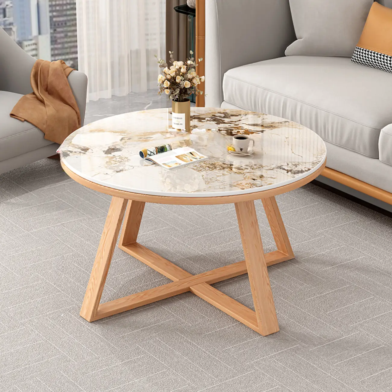 Modern Marble Round 2 Nesting Coffee Table Set with Wood Base