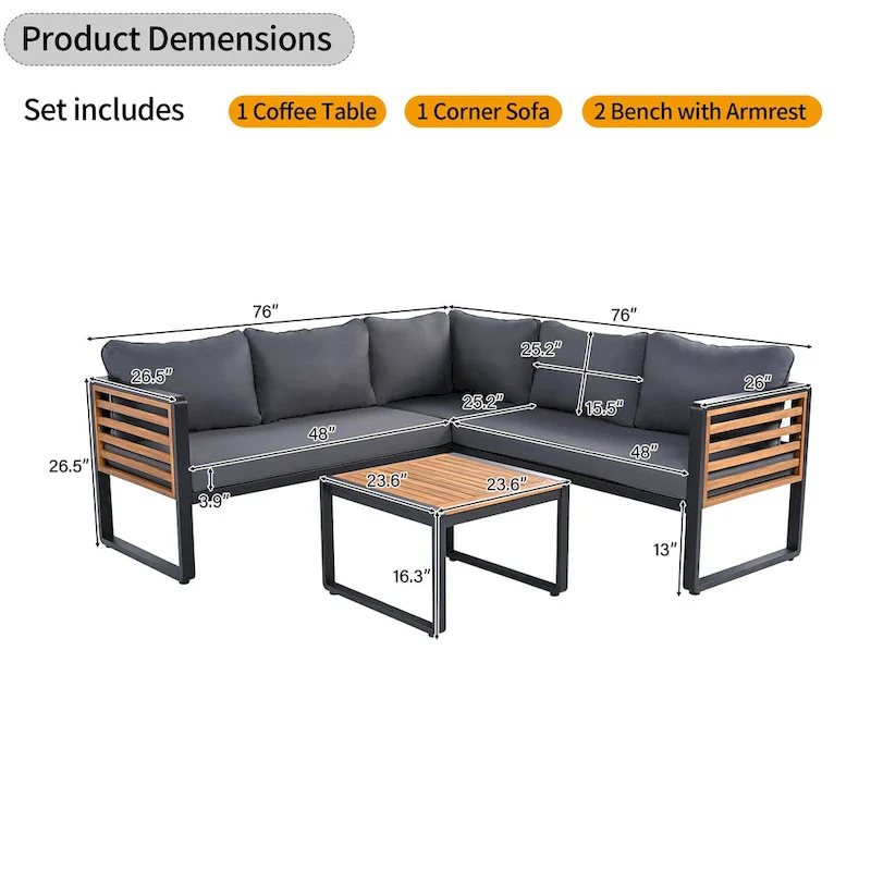 4-Piece Iron L-Shaped Sectional Sofa Set with Cushions & Table
