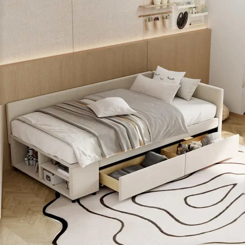 Upholstered Bed Frame L-Shaped Platform Bed with Storage and Drawers