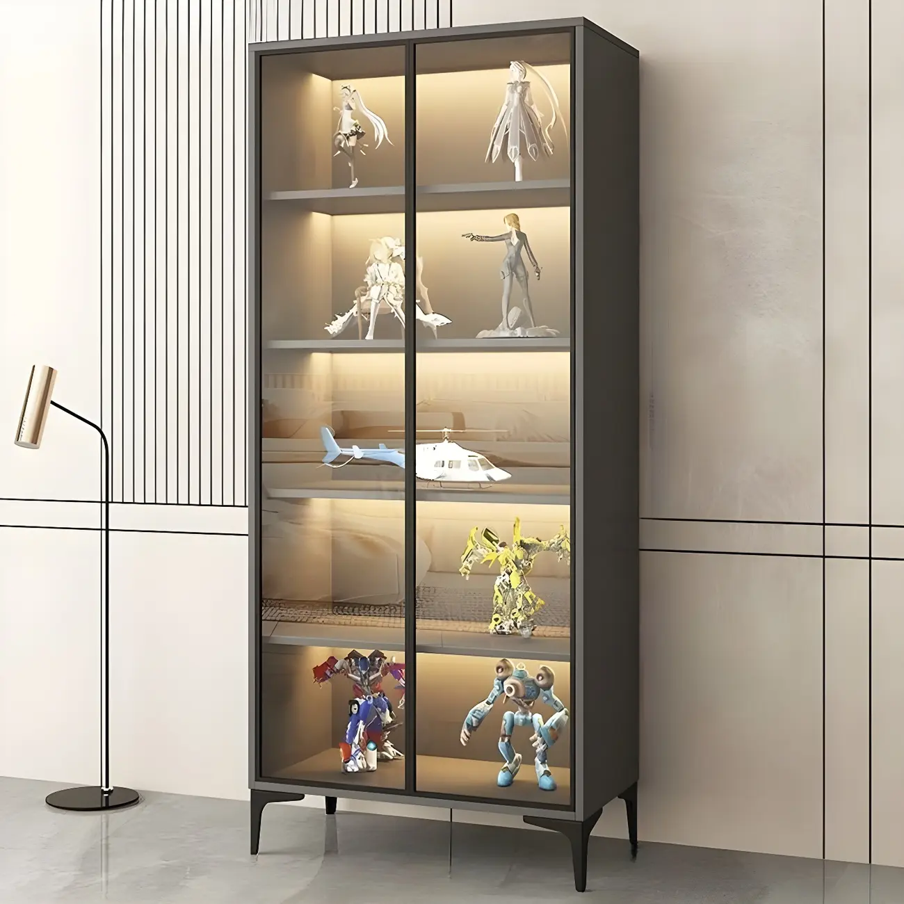 Freestanding Black Tempered Glass Wood Display Cabinet