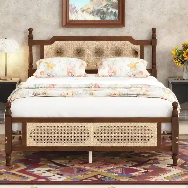 Queen Platform Bed with Rattan Headboard & Under-Bed Storage