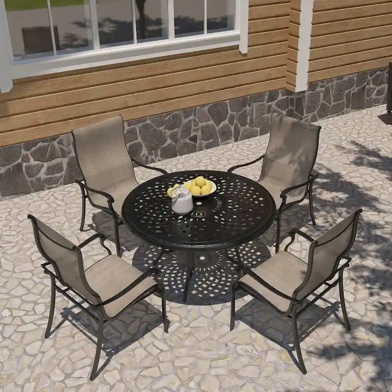 Cast Aluminum 5-Piece Outdoor Patio Dining Set with Textilene Chairs