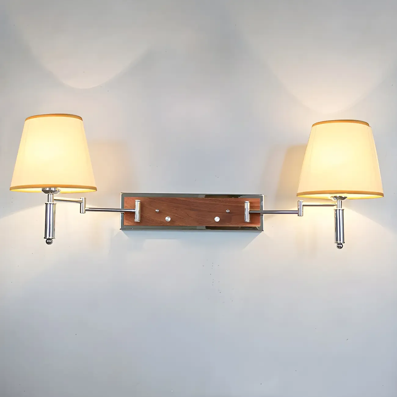 2-Light Silver Swing Arm Fabric Shade Wall Light