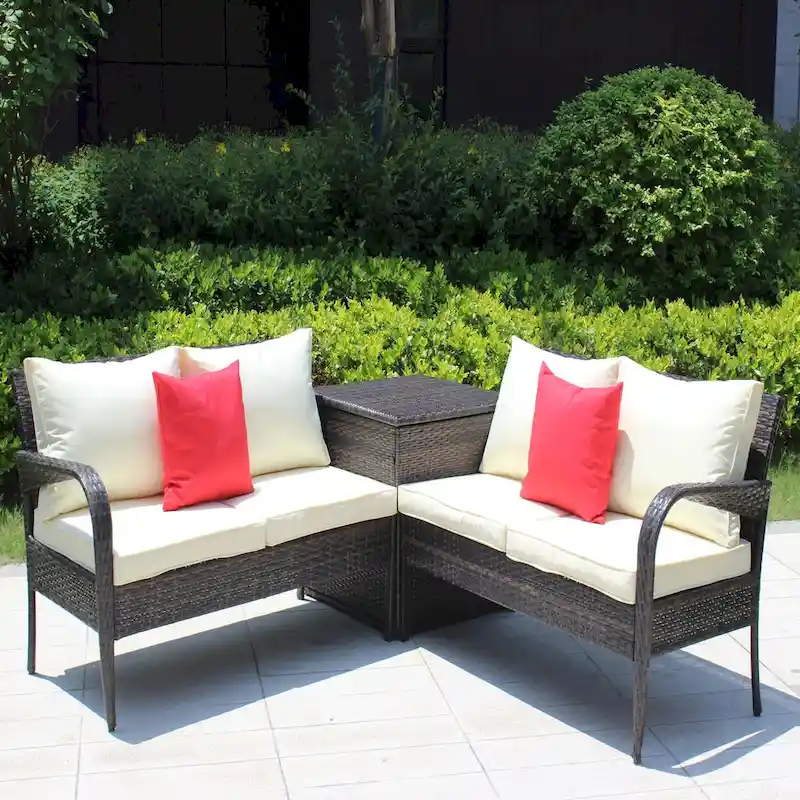 3-Piece Wicker Patio Conversation Set with Beige Cushion