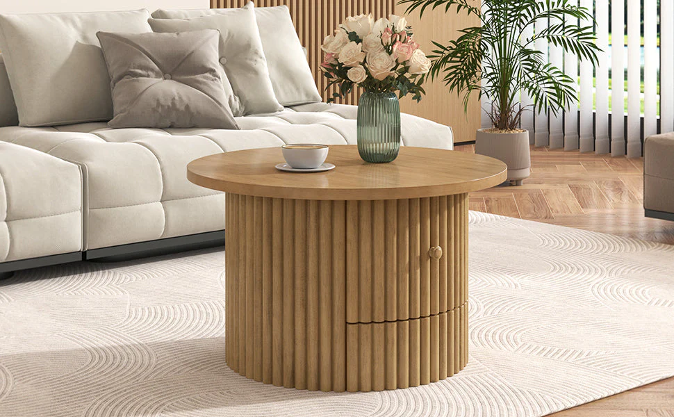 Walker Edison | Reeded Round Coffee Table with a Drawer