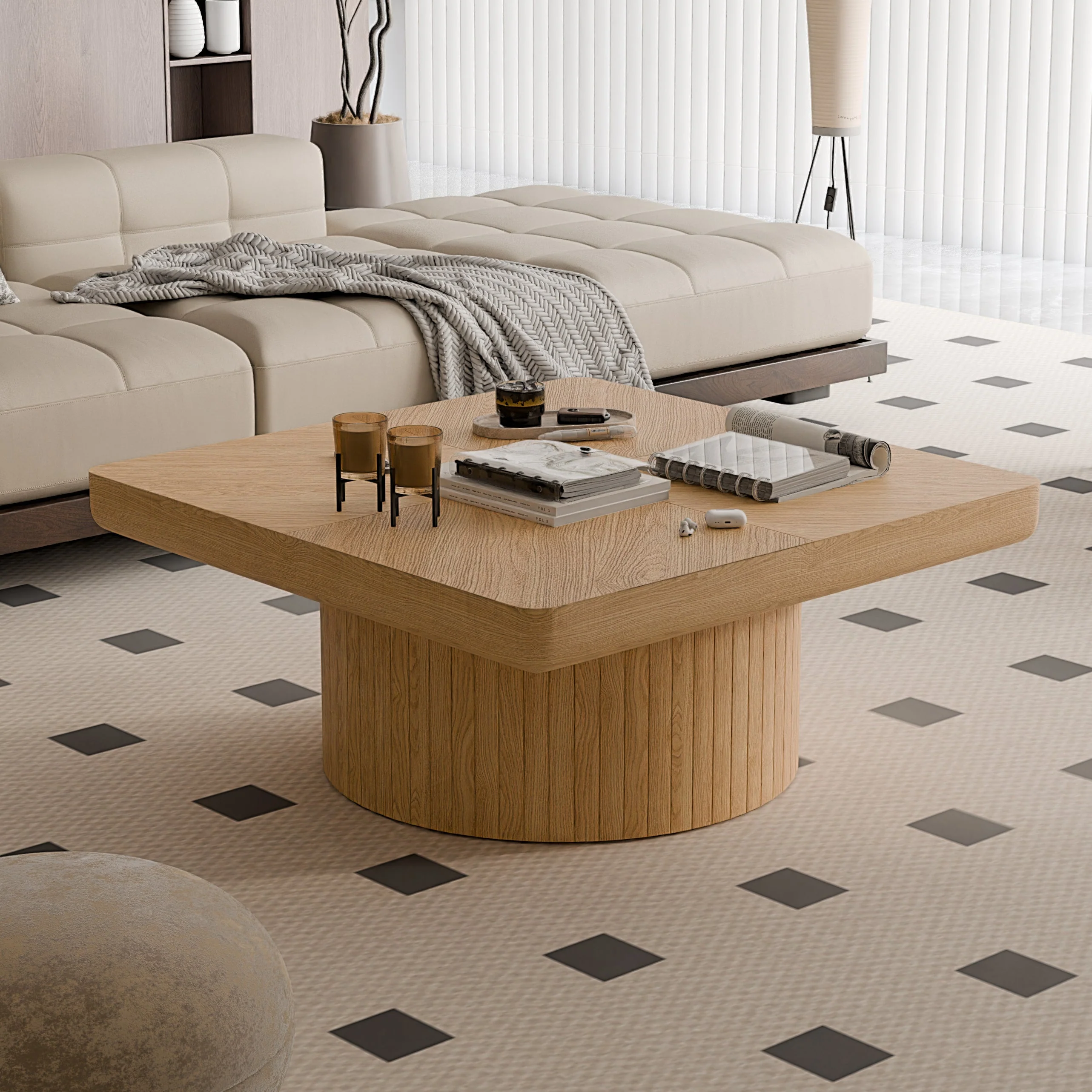 Modern Veneer 34.6'' Square Fluted Cylindrical Base Coffee Table