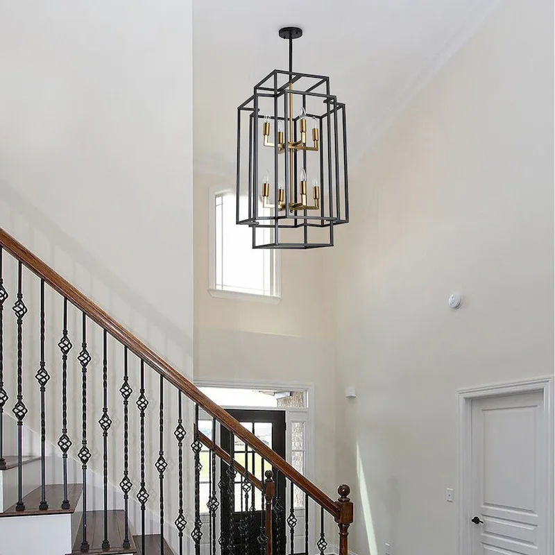 Black 8-Light Industrial Rectangle Iron Frame Pendant