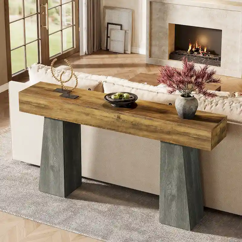 Farmhouse Entryway Table, 63-Inch Long Wooden Sofa Console TableB