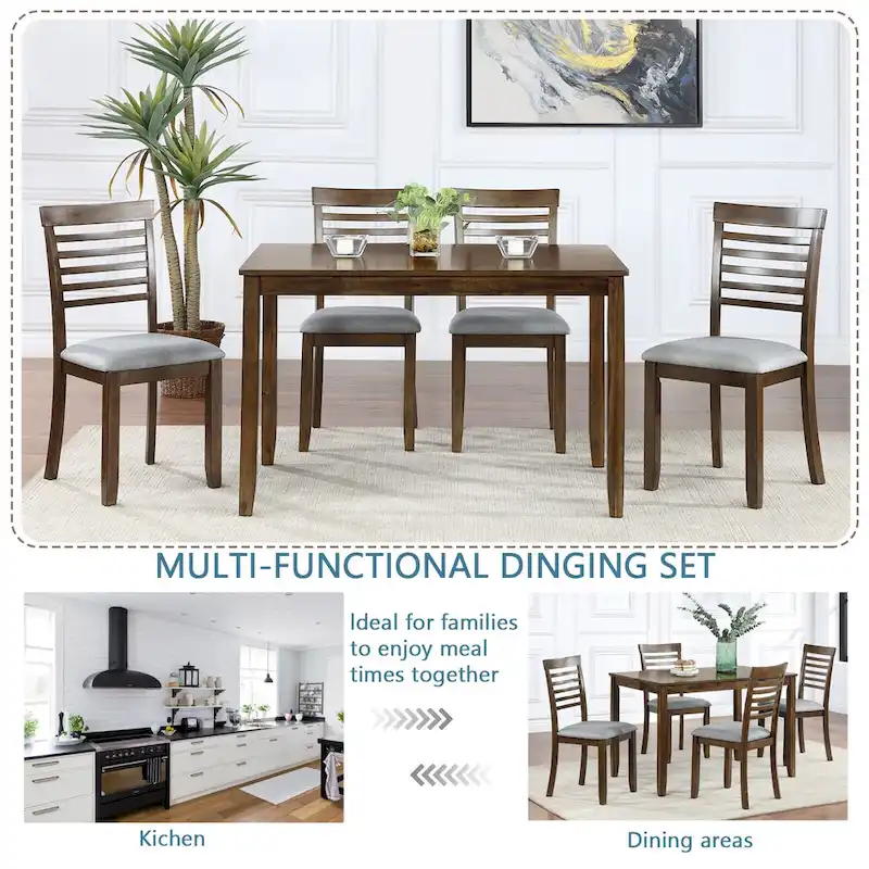Modern 5-Piece Dining Set with Rectangular Wooden Table & 4 Ladder Back Chairs