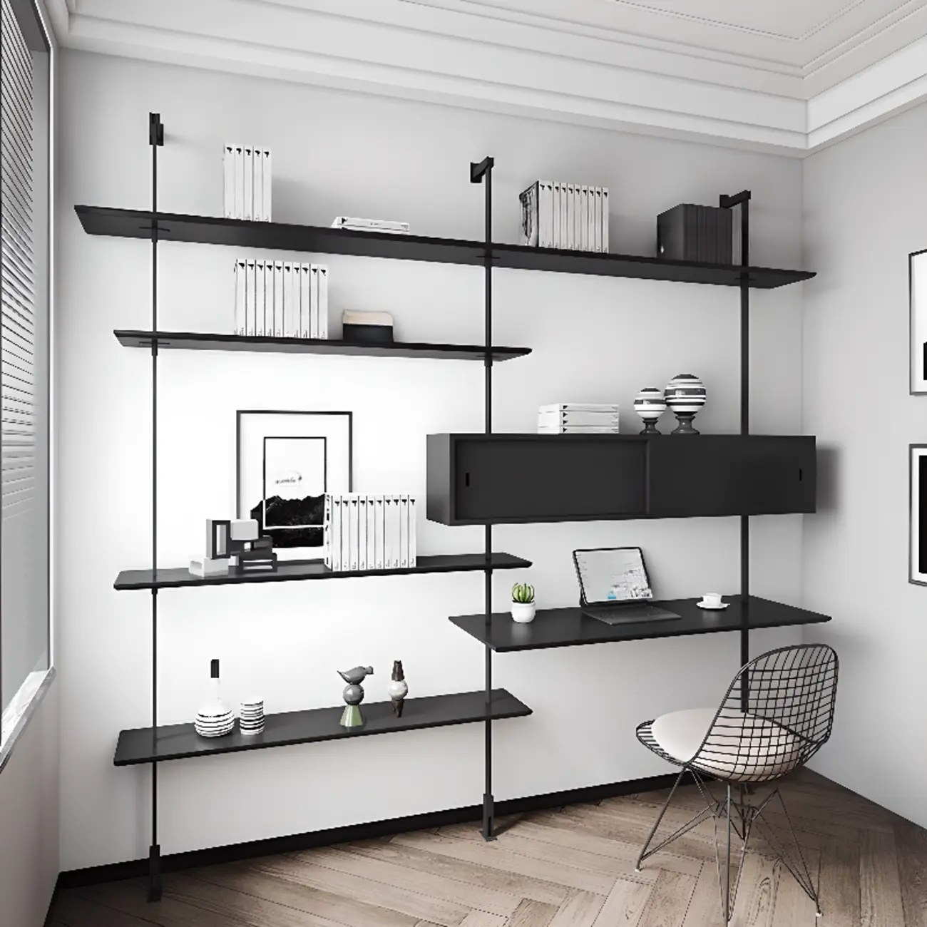 Industrial Black Wood Modular Wall Shelving System Bookshelf