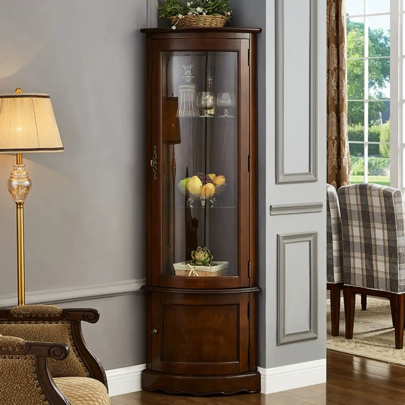 Classic Brown Rubberwood Corner Cabinet with Glass Door