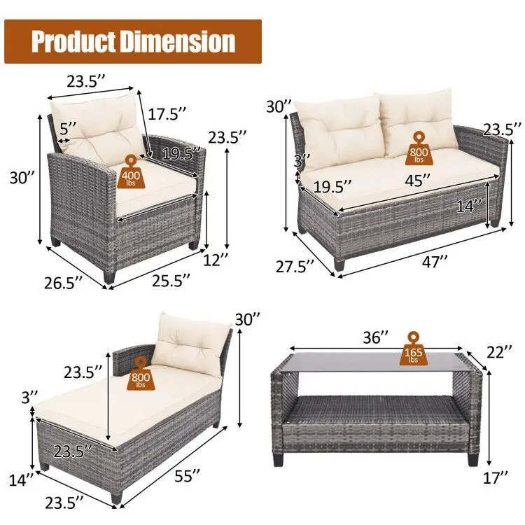 4 Pieces Patio Rattan Furniture Set with Cushion and Table Shelf - 27.5 x 47 x 30 (L x W x H)