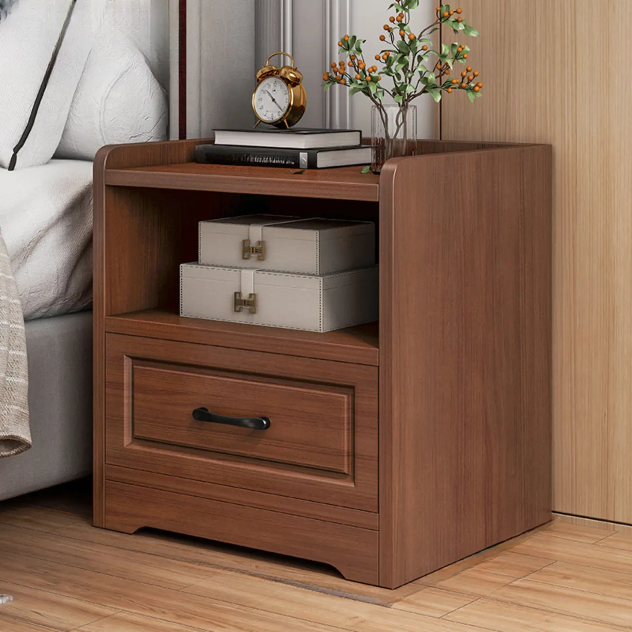 Small Wooden 1-Drawer Open Storage Nightstand Nut-Brown