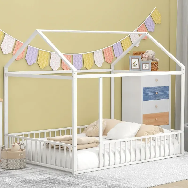 Full Size Metal Bed House Bed Frame with Fence, for Kids, Teens, Girls, Boys