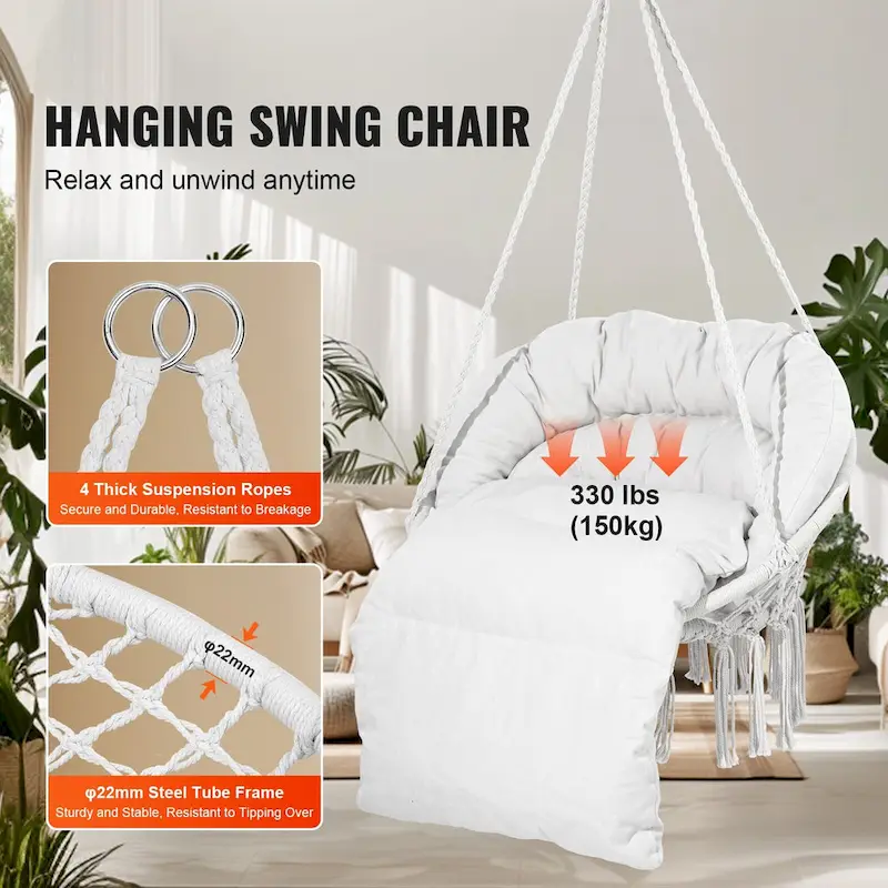 Hanging Hammock Swing Chair, Macram Hanging Chair with Cushion and Mounting Hardware, Cotton Rope Swing Chair