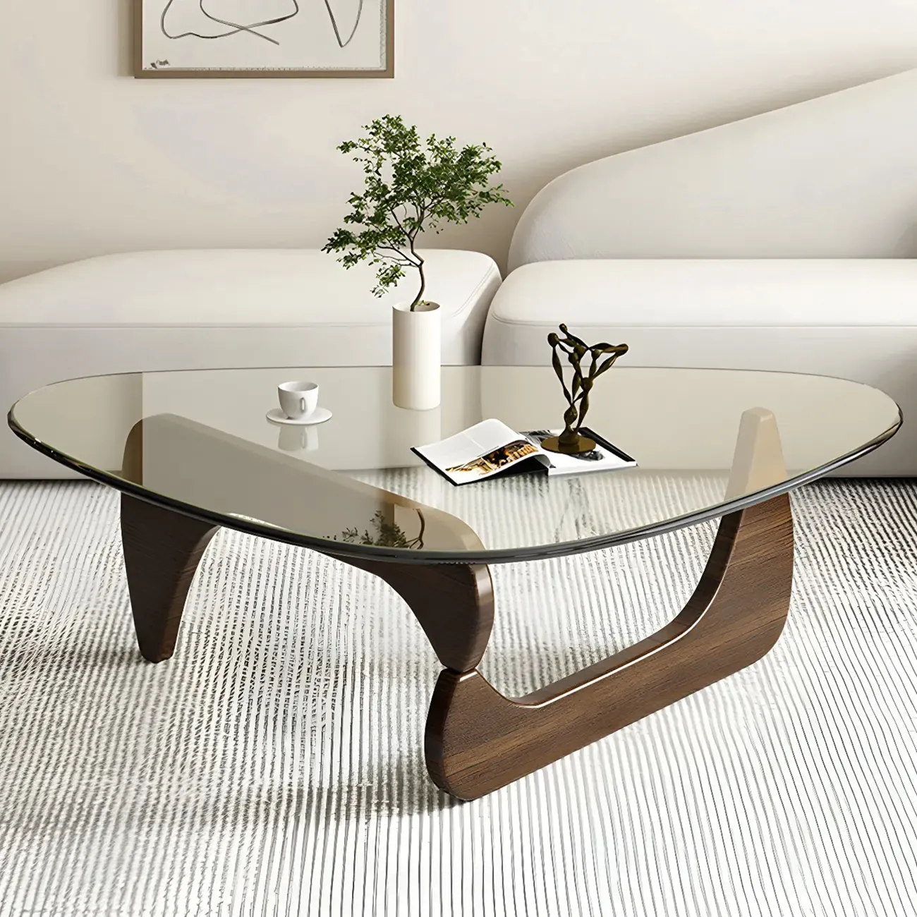 Modern Triangle Glass Coffee Table Wooden Base