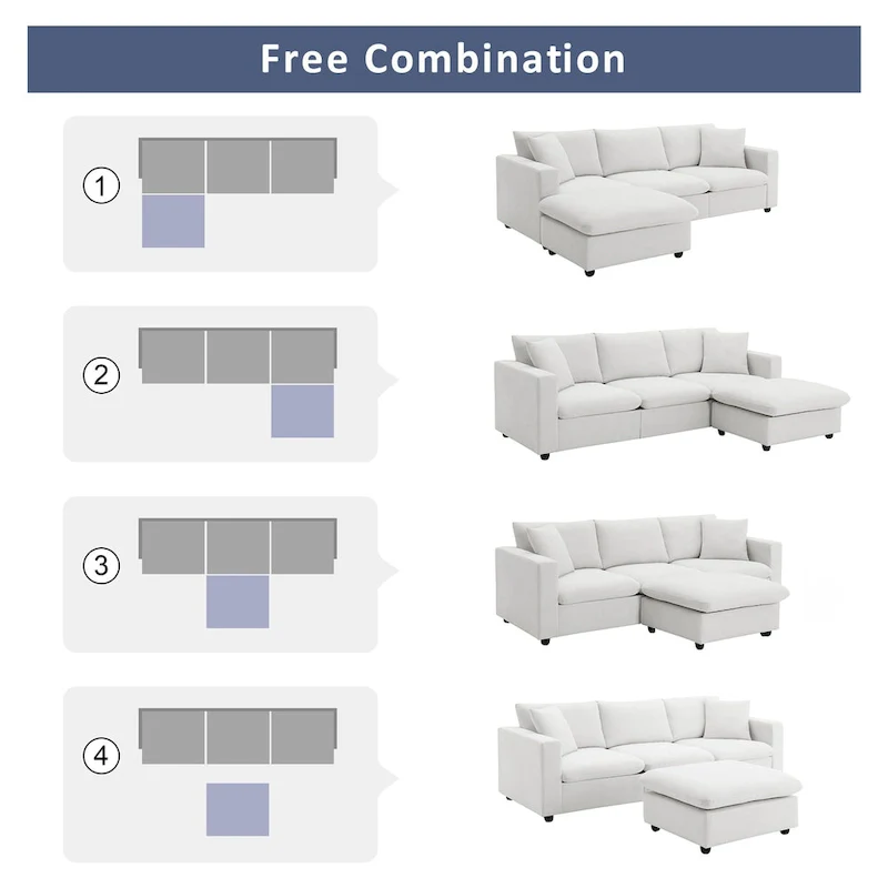 4-Seat Polyester L-Shaped Sectional Sofa with Convertible Ottoman