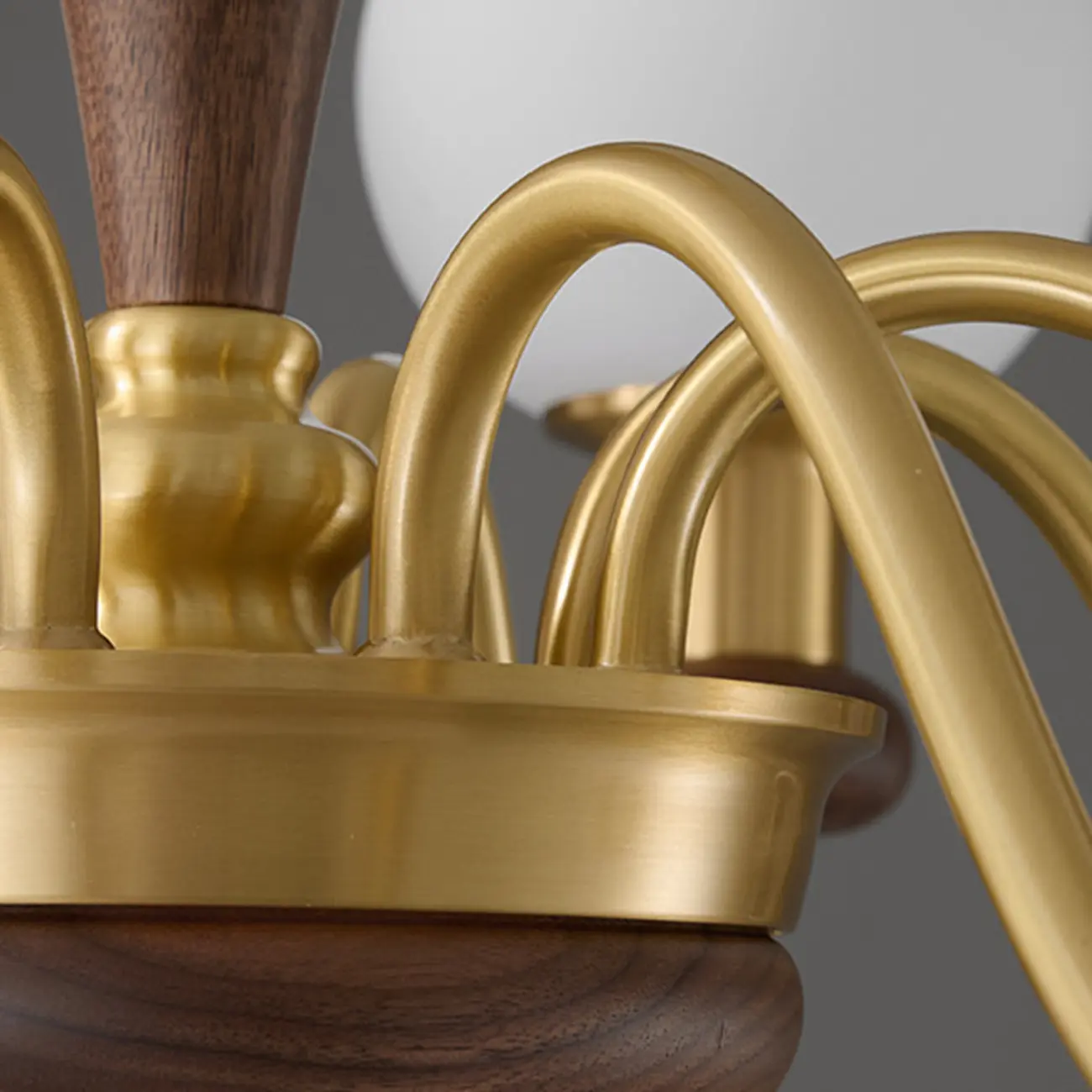 Mid-Century Brass Wood Chandelier with Globe Glass Shade