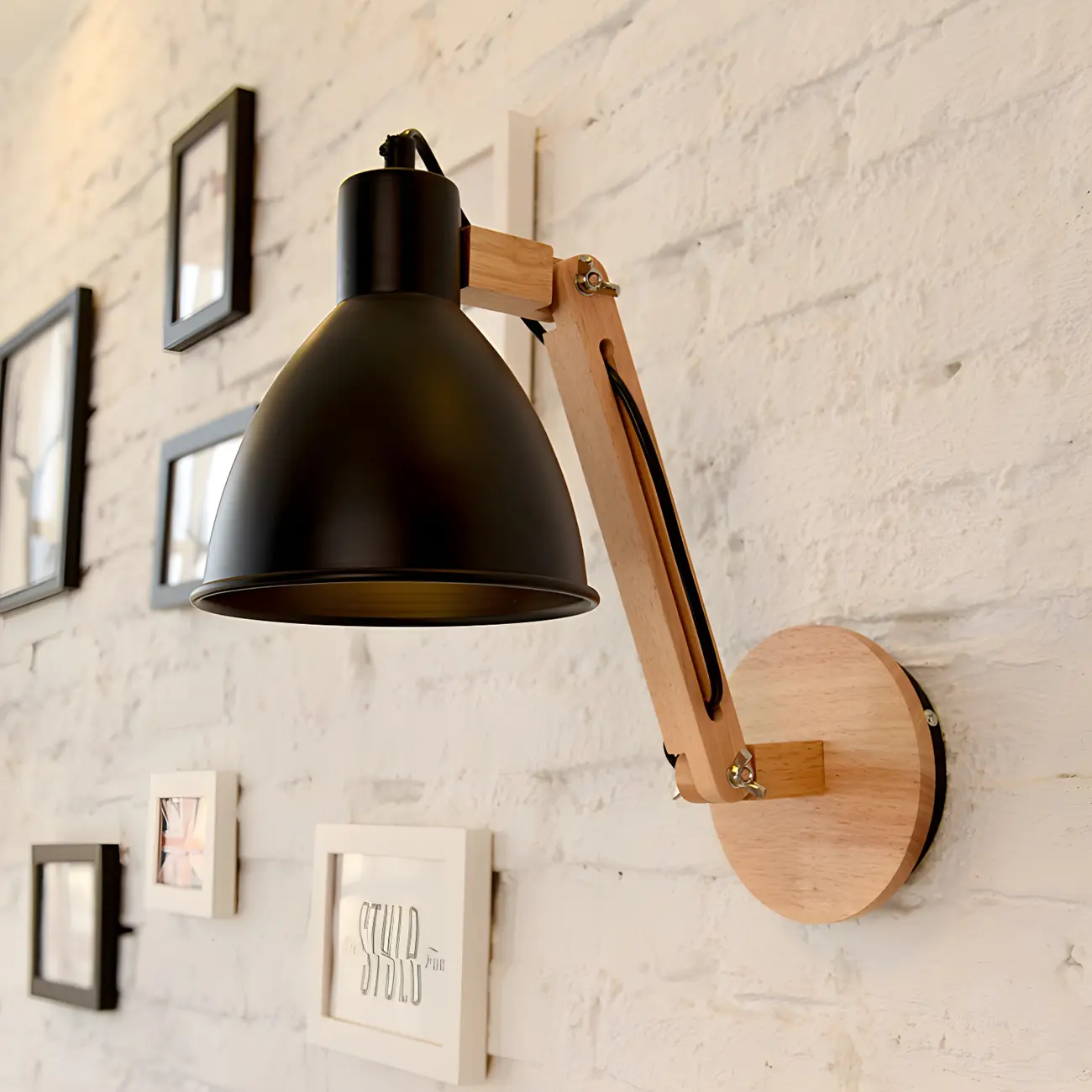 Domed Metal Shade Wood Swing Arm Wall Light