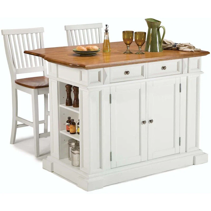 Homestyles Americana Distressed Off-White Oak Kitchen Island Set with Two Counter Stools