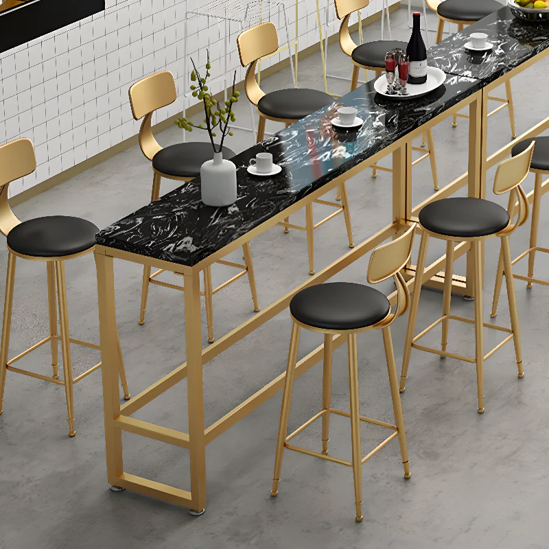Modern Rectangle Marble Top Bar Table Gold Base with Footrest