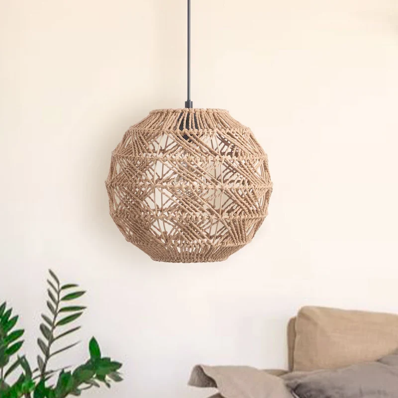 CO-Z Boho Handwoven Hemp Rope Globe Pendant Light Fixture - Tan