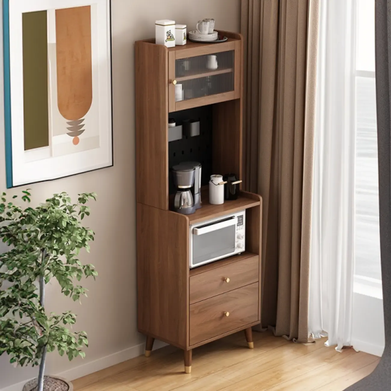 Compact Wooden Brown 2-Drawer Tall Sideboard with Hutch