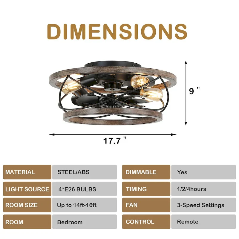 CurveCurio 18  Drum Farmhouse Wood Ceiling Fan, Wood Fan Light with Metal Accents, 4 Light 3 Fan Speed w Remote Control