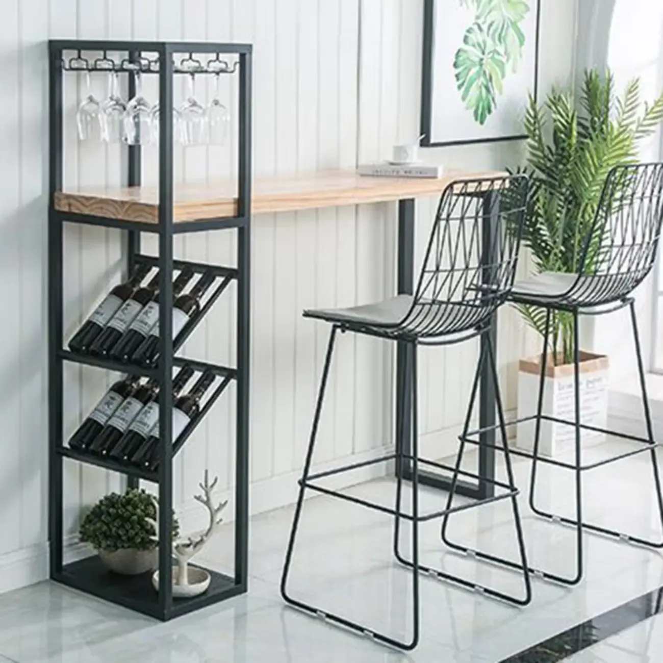 Glam White-Gold 2-Tier Shelves Bar Tables with Stemware Holders