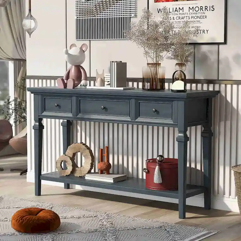 50L Classic Retro Style Console Table with Three Top Drawers and Open Style Bottom Shelf (Gray Wash)