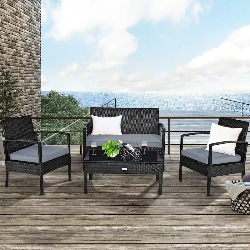 Costway 4PCS Patio Rattan Wicker Furniture Set Loveseat Sofa Cushioned