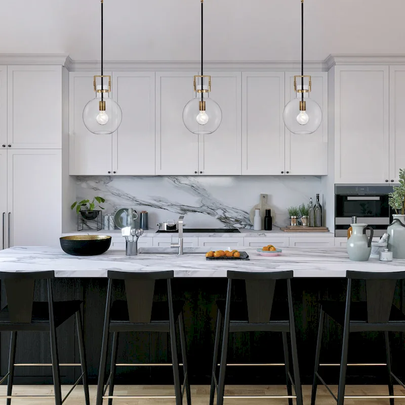 Black and Antique Gold 1-Light 10 Inch Globe Shaped Clear Glass Pendant