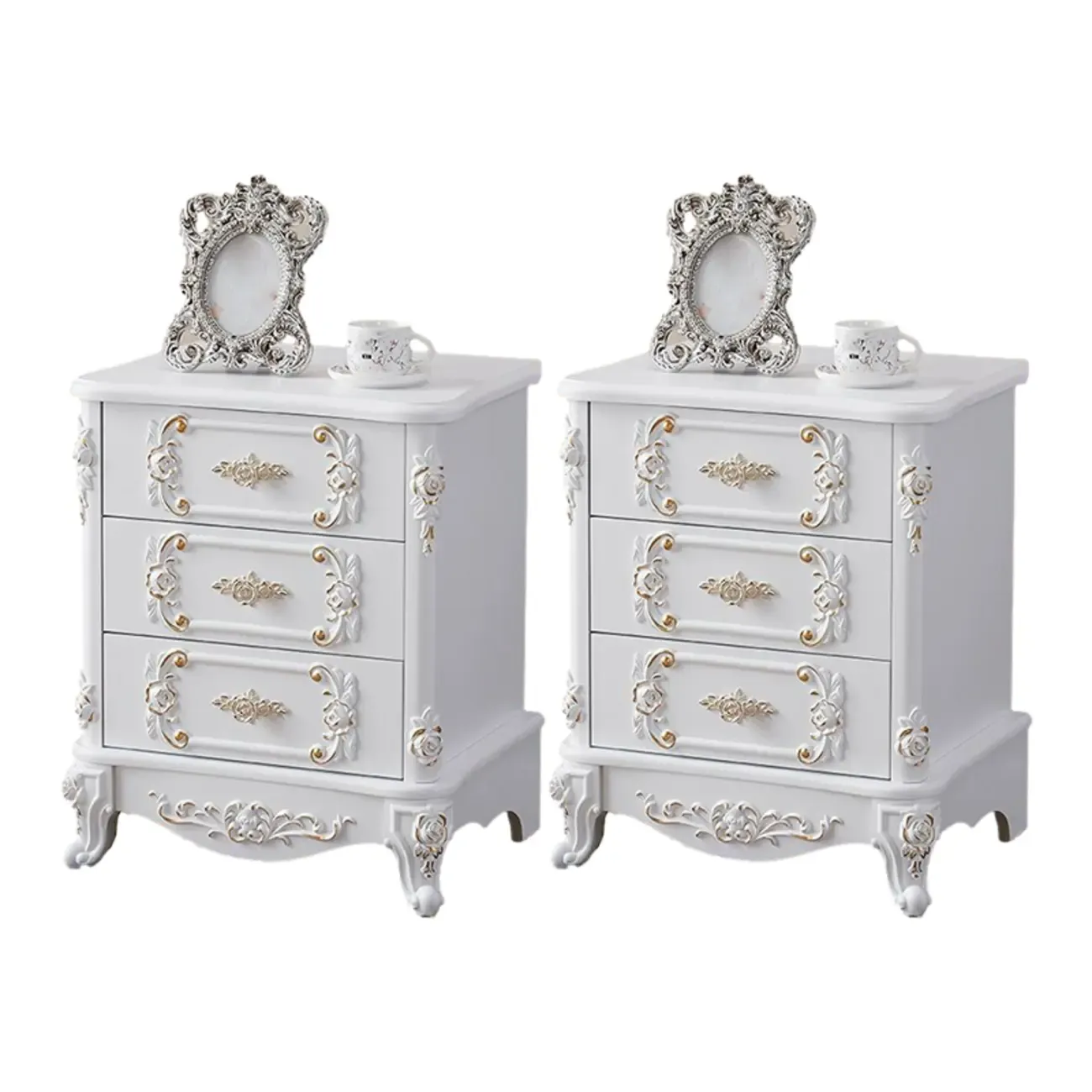 Traditional White Wood Carved 3-Drawer Nightstand