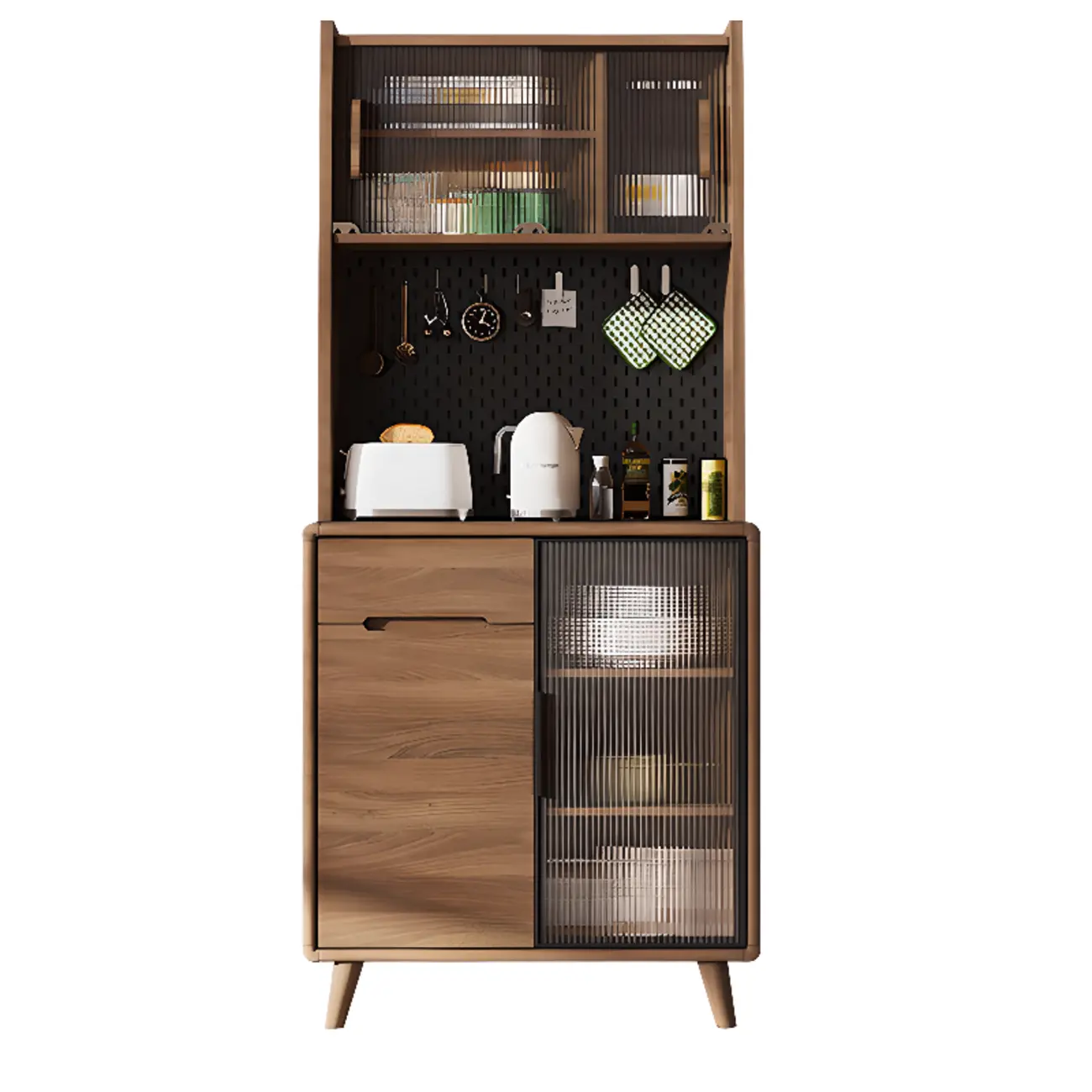 Kitchen Brown Wooden Hutch Top Sideboards with Pegboard Back