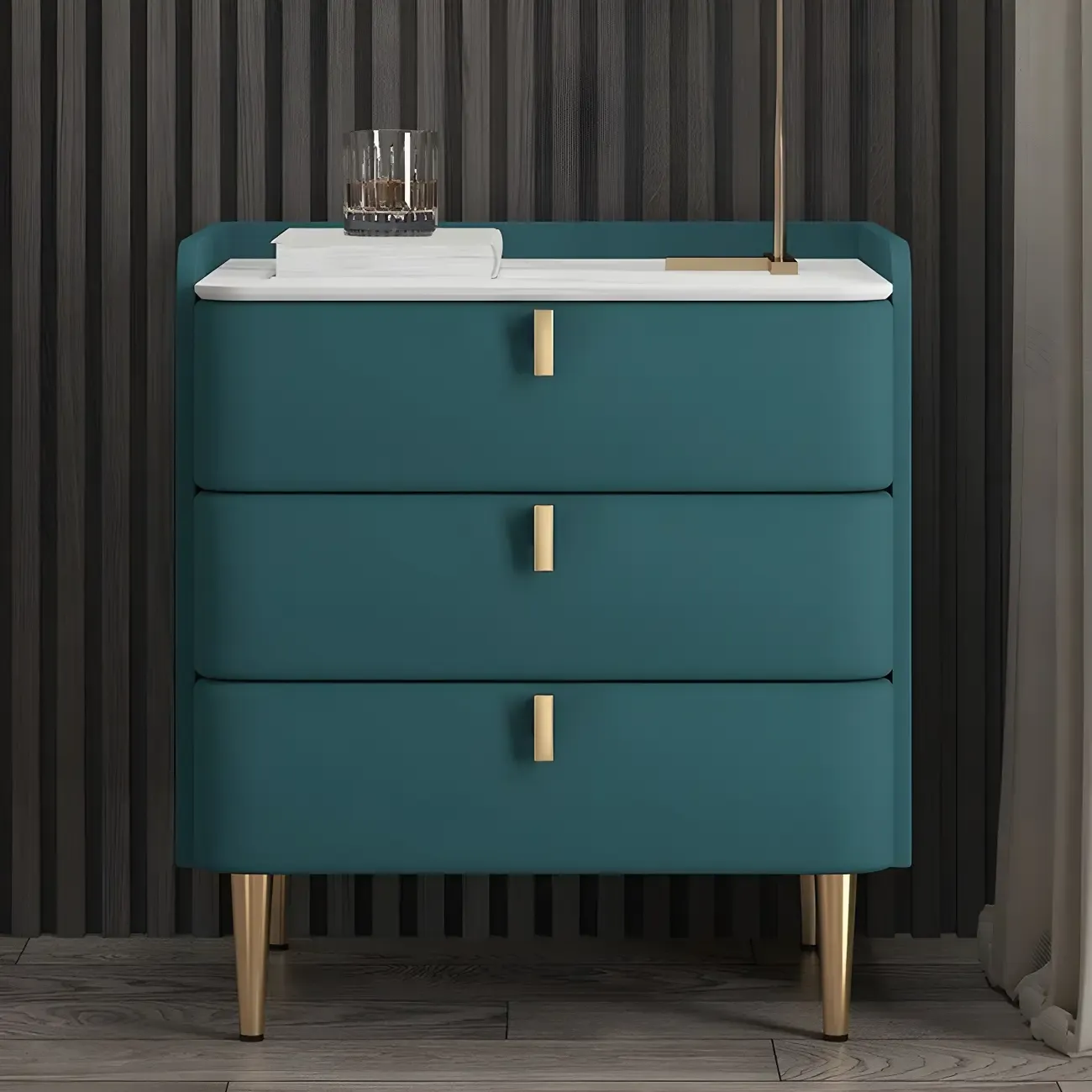 Glam Leather Sintered Stone Top Nightstand with Drawers