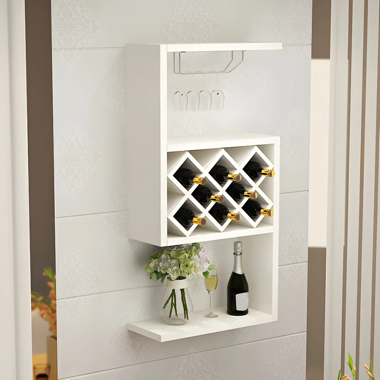 Rubberwood Floating Mount Wine Rack with Stackable Design