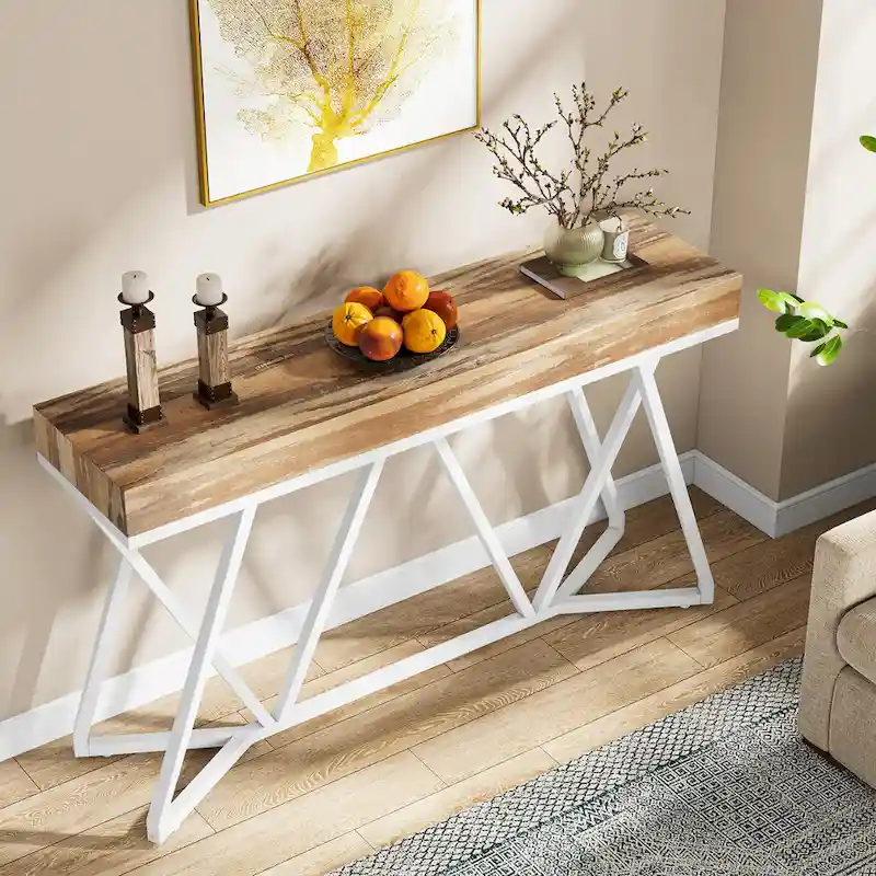 55 Inch Wood Console Table, Sofa Table Entryway Table with Unique Metal Legs