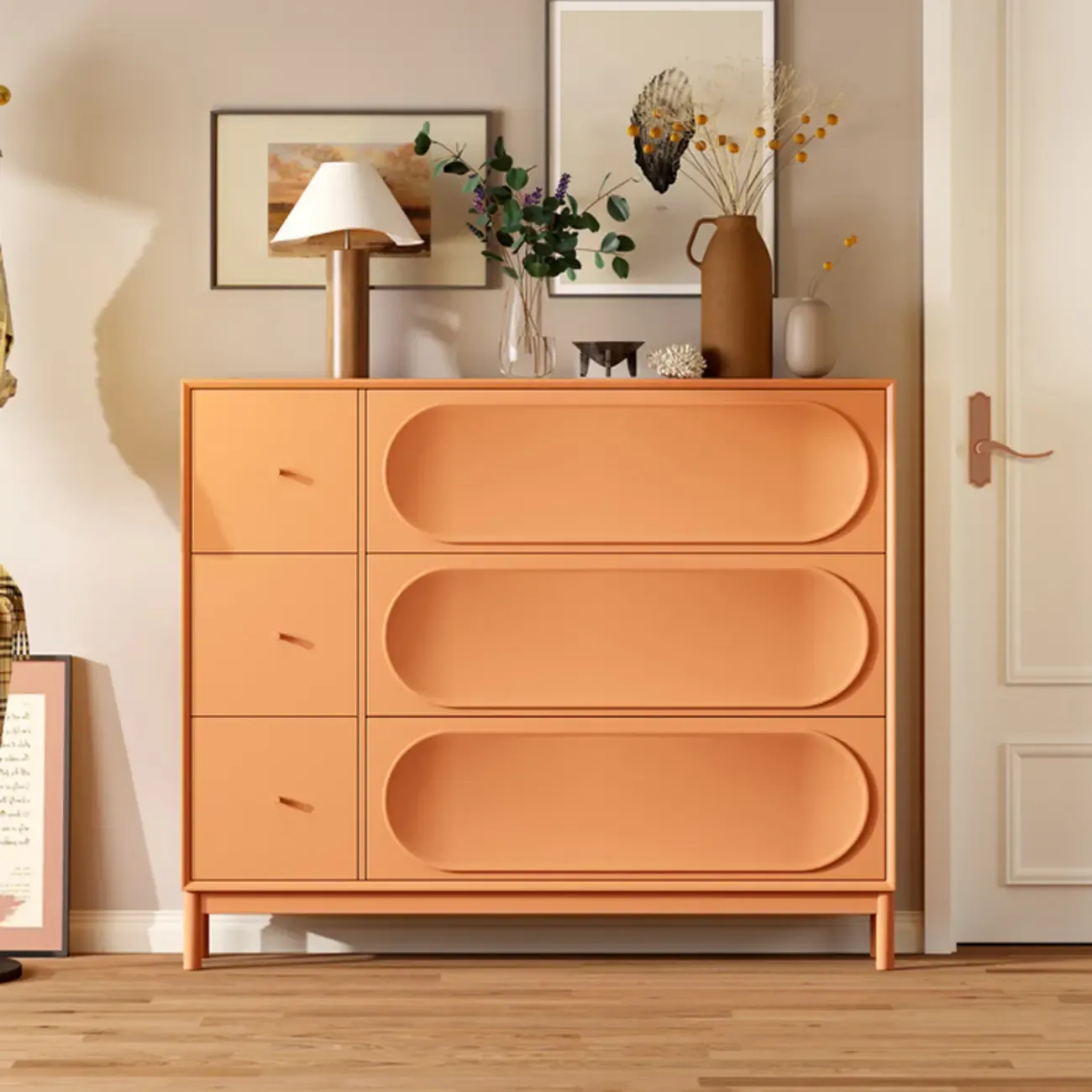 Cream Wooden Drop Front Shoe Cabinet with 3 Drawers