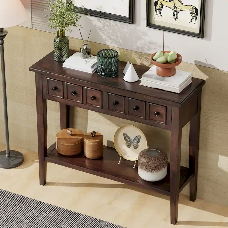 38.2 Rustic Console Table with Open Shelf and Three Drawers, Rubber Wood Legs