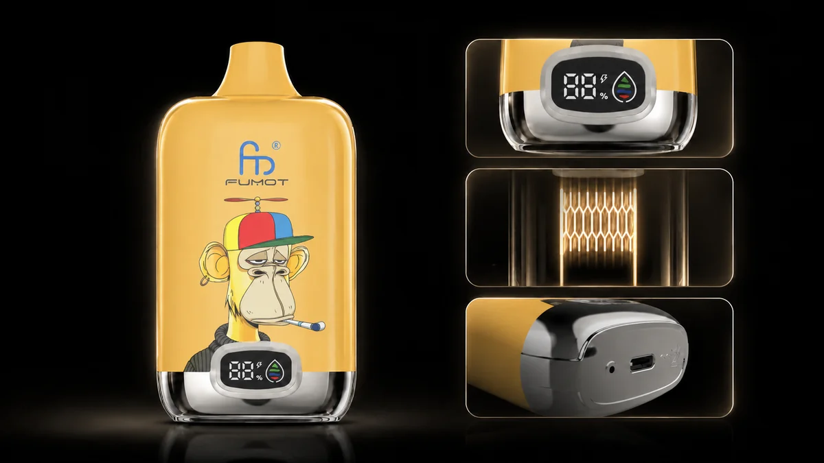 Fumot Digital Box 12000 Mango On Ice Vape Funktionsdetails mit Display, Mesh Coil und Ladeanschluss