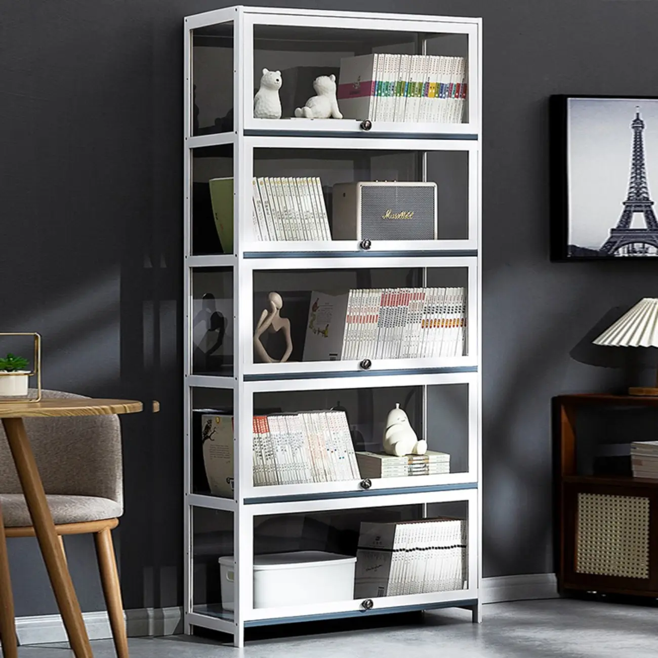 Modern White Bamboo Flip-Up Glass Display Cabinet