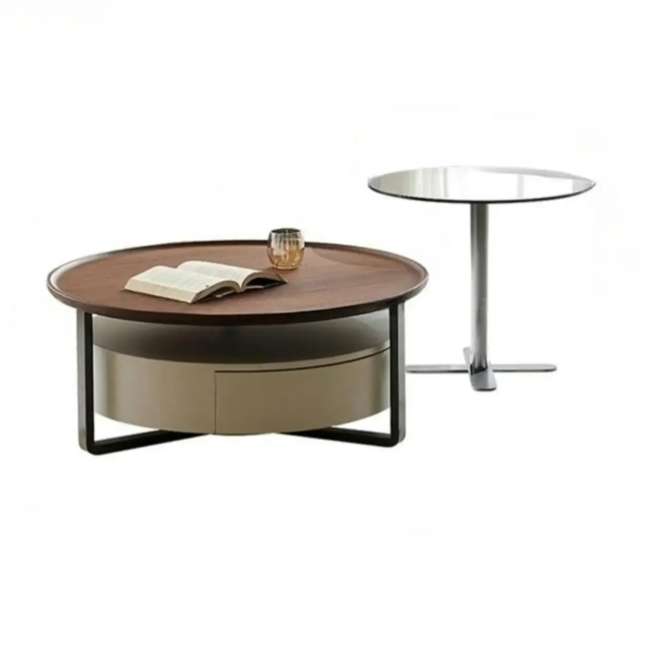 Modern Round Wooden Top Coffee Table with Drawer