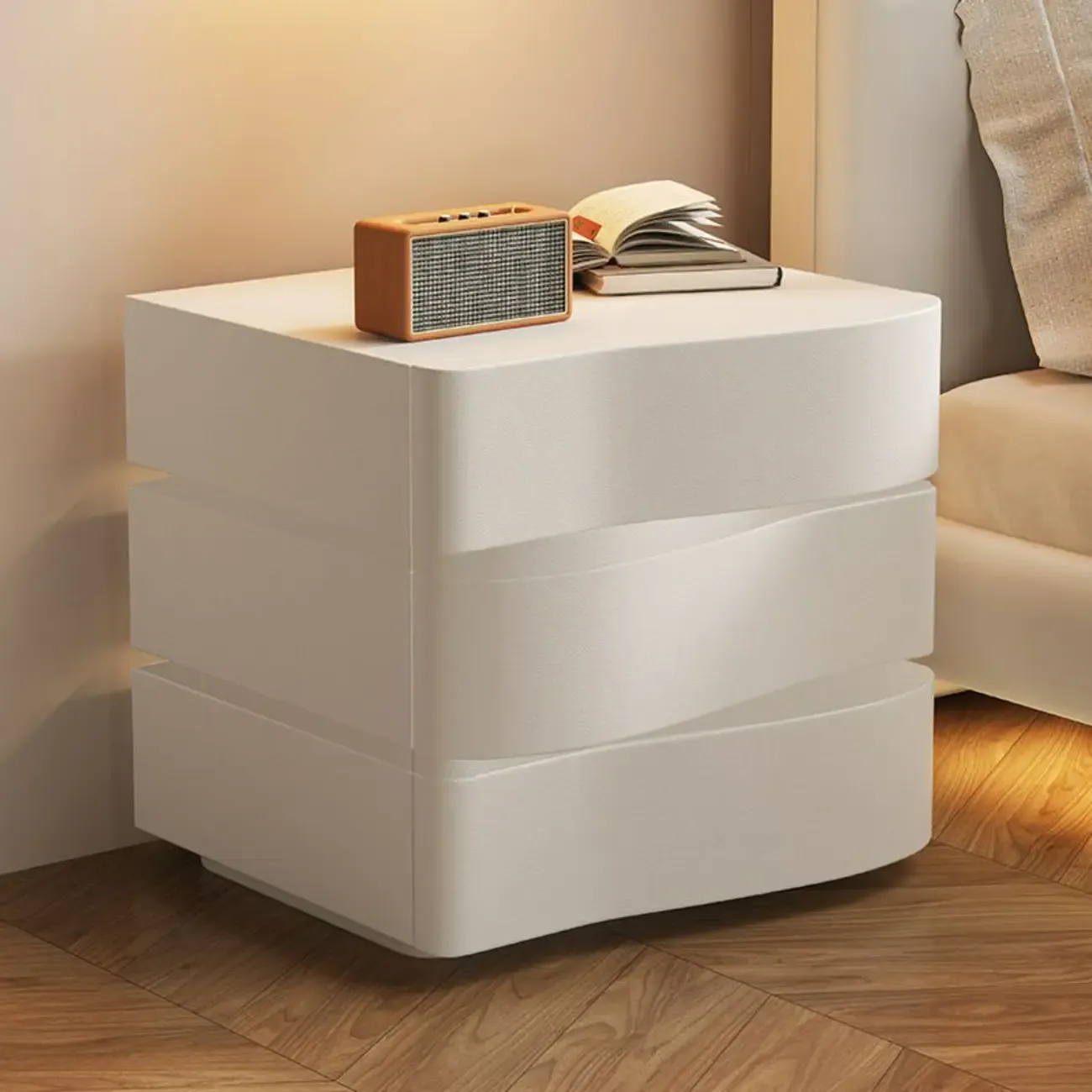Modern White Waved Wood 3-Drawer Nightstand