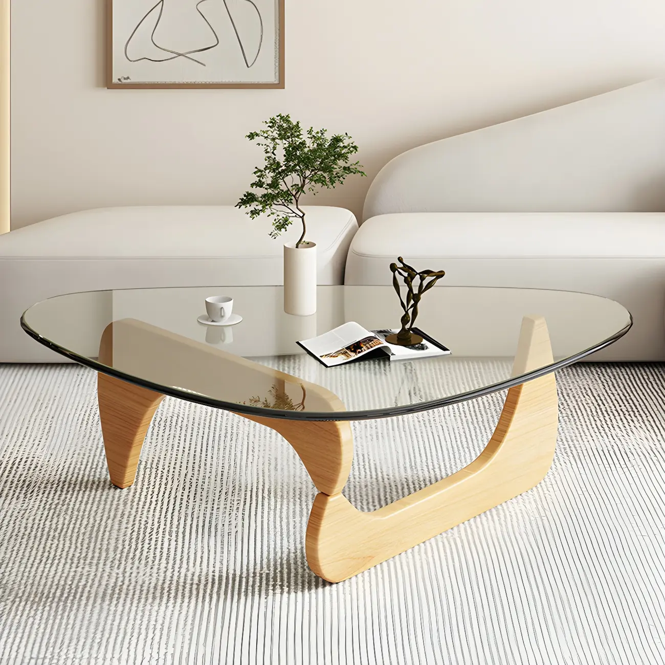 Modern Triangle Glass Coffee Table Wooden Base